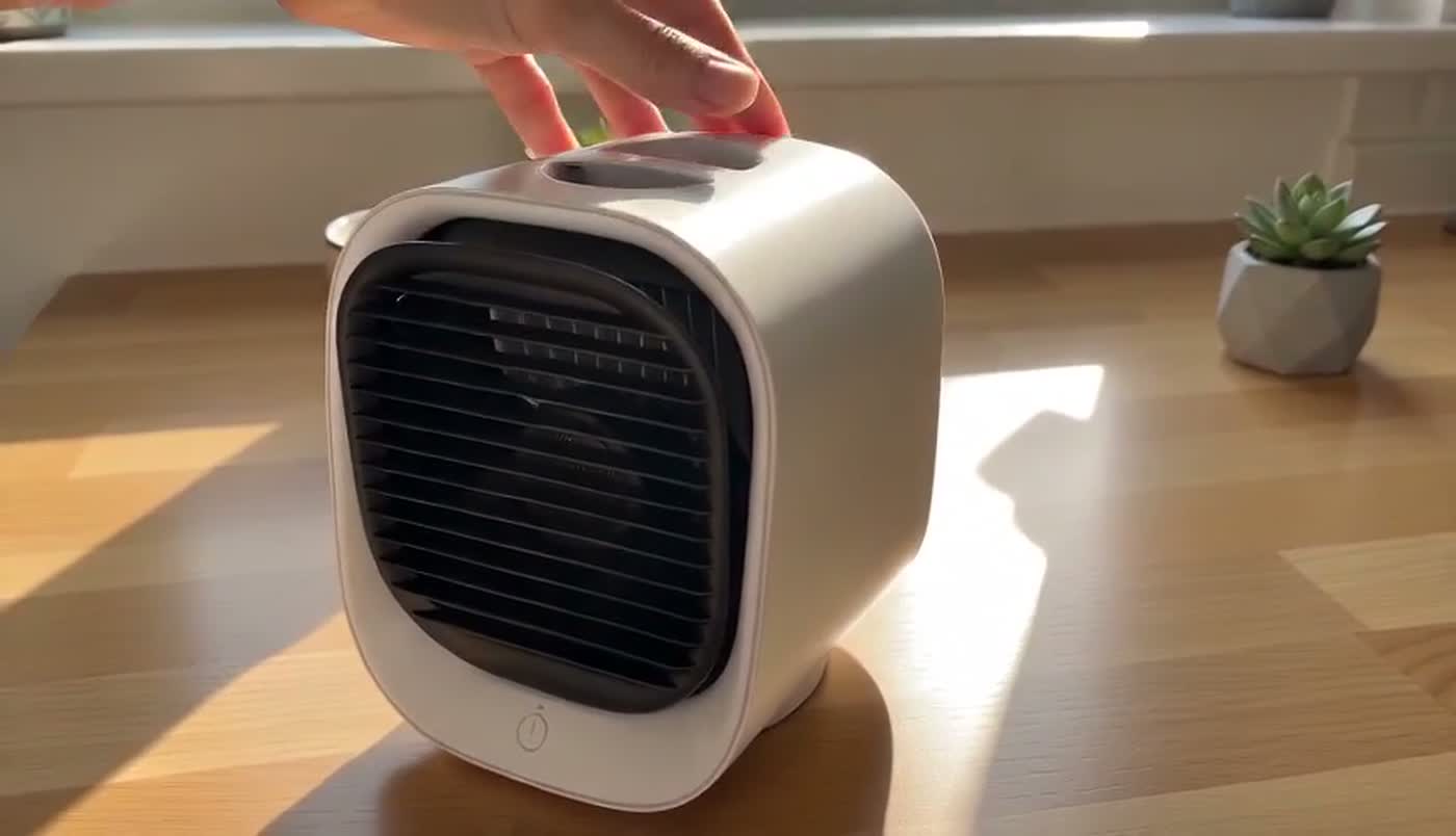 Ein Airabreeze-Kühler läuft im Nachmittagslicht auf einem Schreibtisch im Homeoffice.