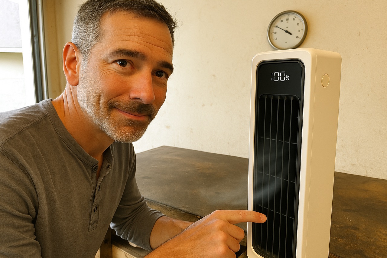 The early prototype on the garage wall, and the thermostat reading 68°F four minutes later.
