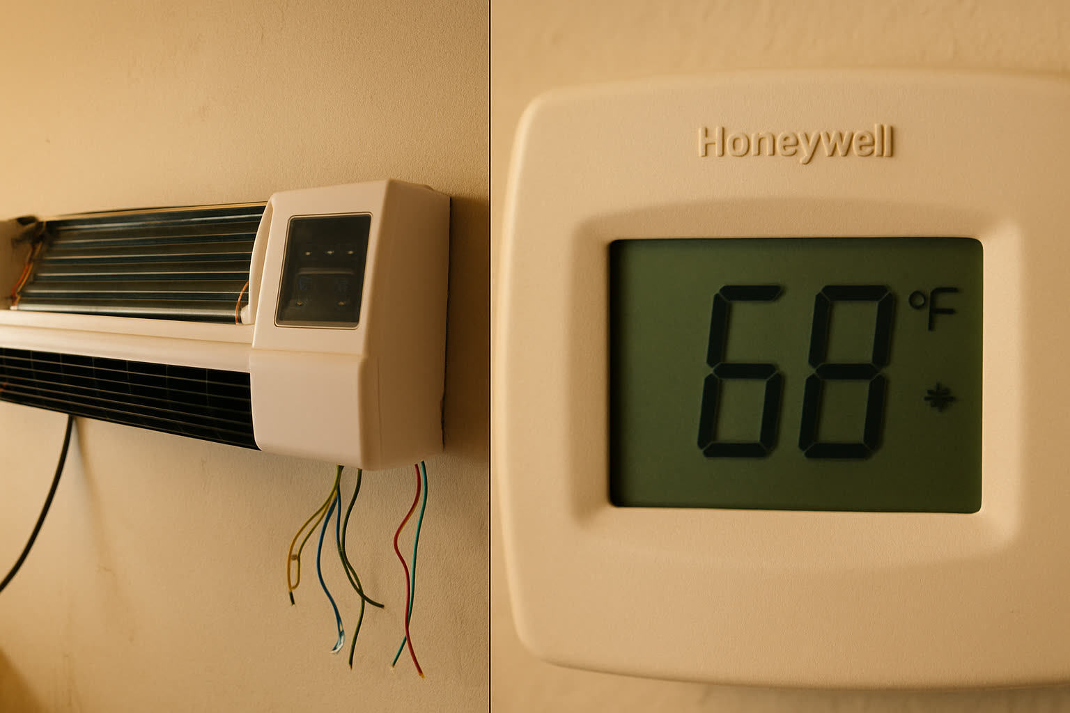 The early prototype on the garage wall, and the thermostat reading 68°F four minutes later.