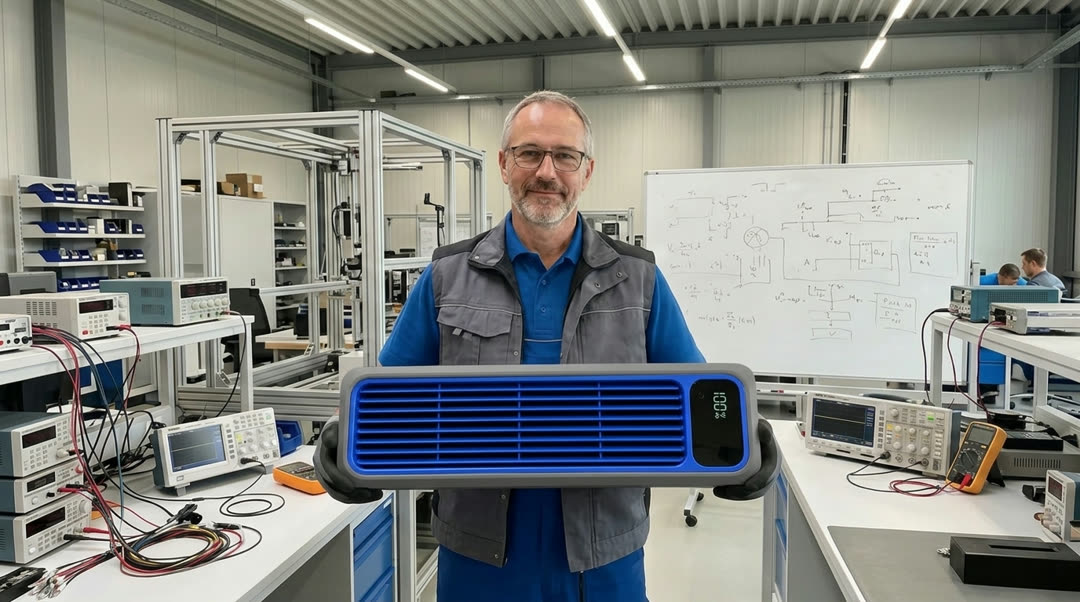 A Coldeez engineer holding an early unit in the startup's engineering lab.
